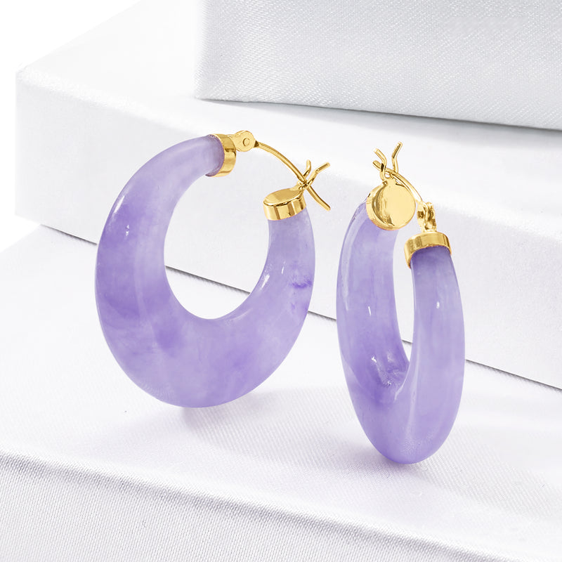 Lavender jade hoop earrings with 14k yellow gold clasp detail, angled pair