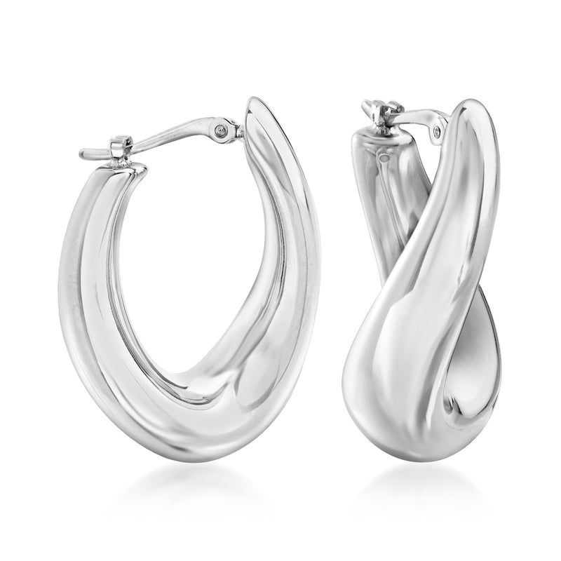 14kt white gold twisted oval hoop earrings with hinged clasp and small diamond accents