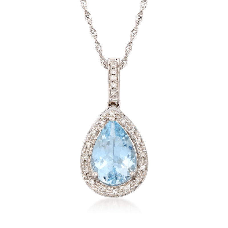 14kt white gold pear aquamarine pendant with diamond halo and link chain.