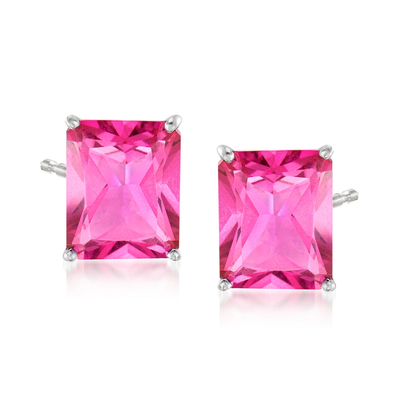 Pink topaz stud earrings in 14kt white gold, square-cut gemstone with post backs