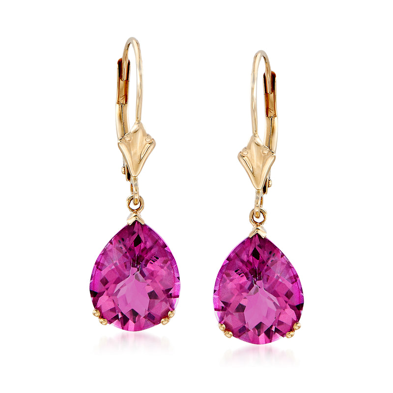 14kt yellow gold leverback earrings with pear-cut pink topaz drops