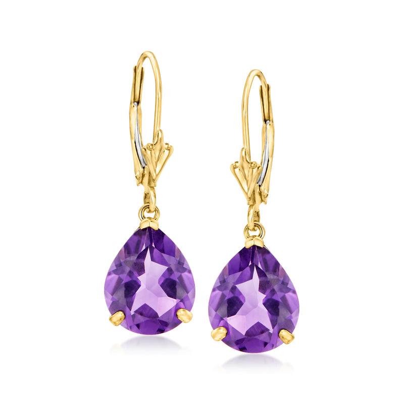 14kt yellow gold leverback earrings with pear-shaped purple amethyst drops