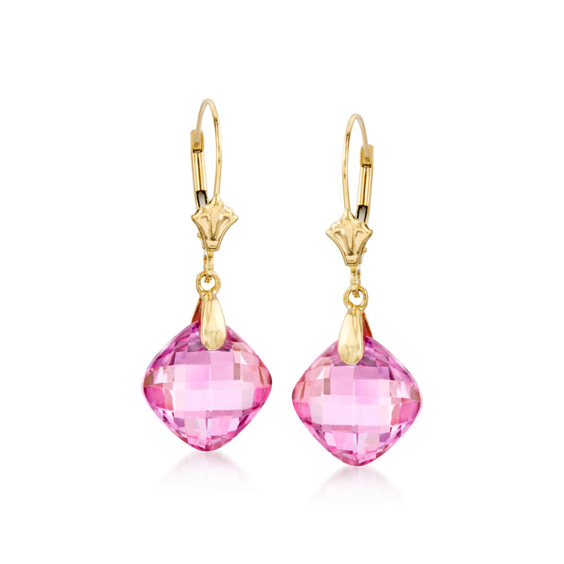 Pink topaz faceted drop earrings in 14kt yellow gold, leverback with pear stone