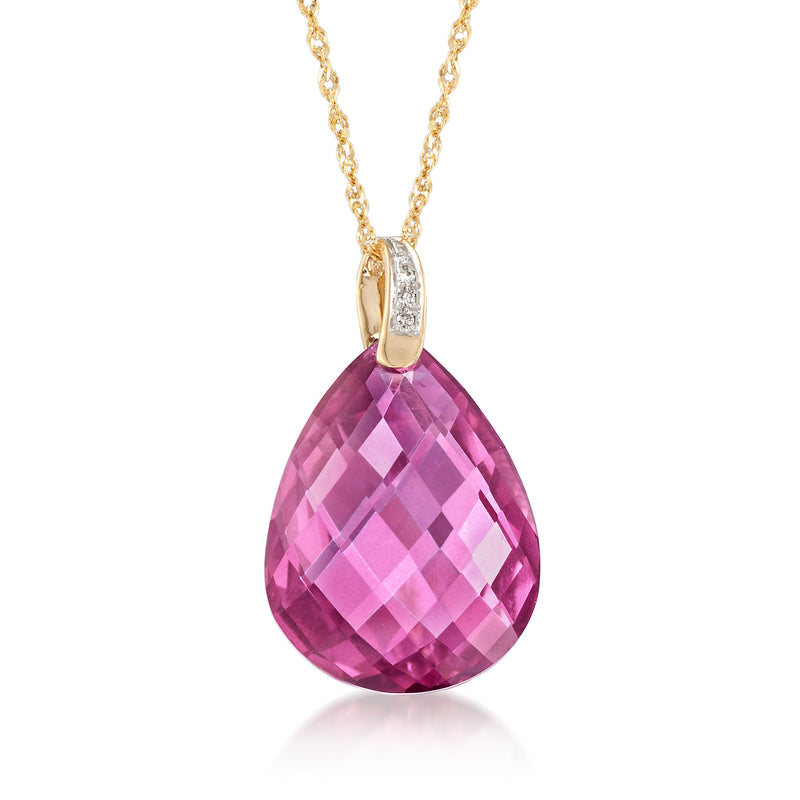14kt yellow gold necklace with pink topaz teardrop pendant and diamond accents