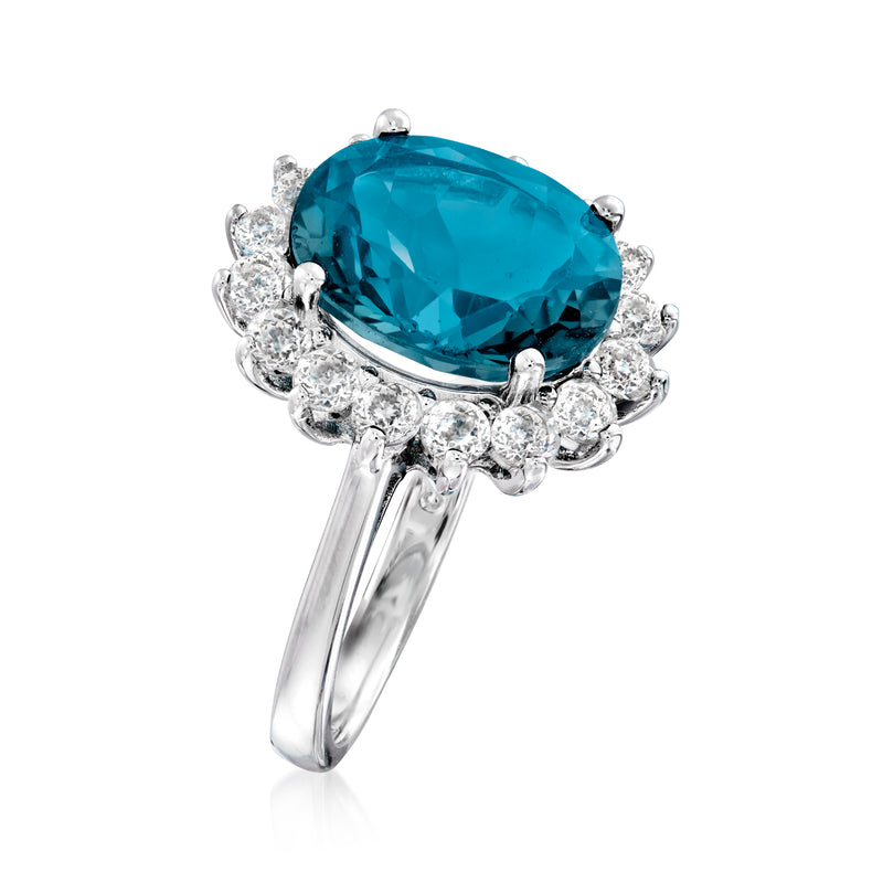 Sterling silver topaz ring with large oval London blue topaz and white halo