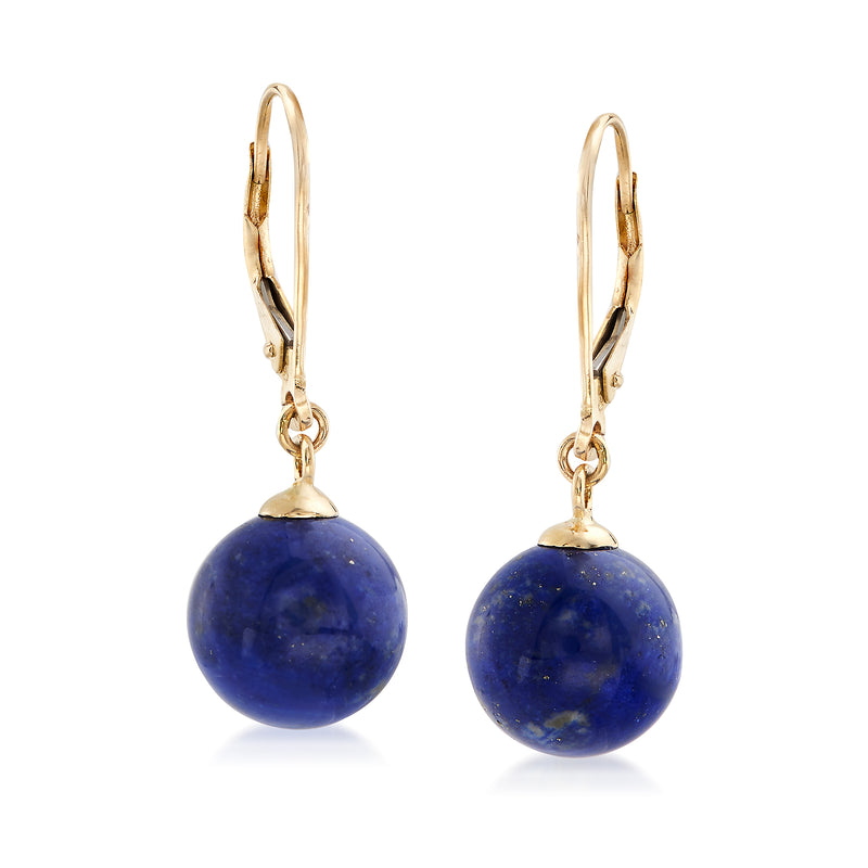 14kt yellow gold leverback drop earrings, round lapis lazuli bead