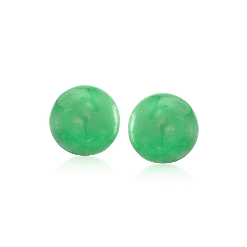 Green jade bead stud earrings with yellow gold posts, round 10mm beads