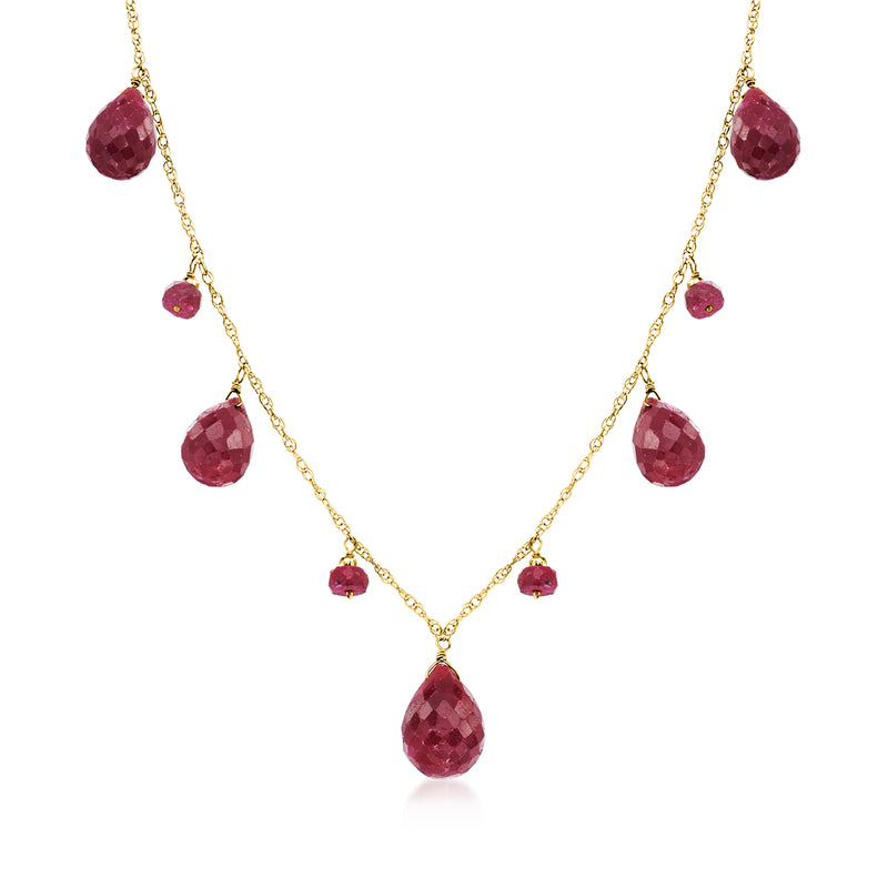 14kt yellow gold necklace with faceted ruby drop charms along a V chain