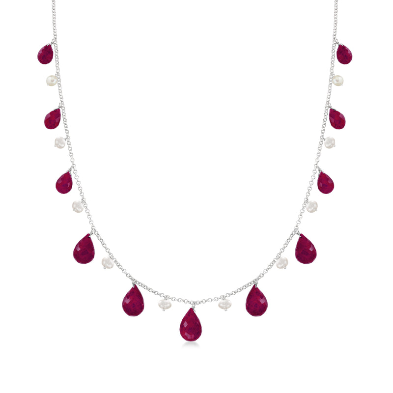 Sterling silver necklace with cultured pearl links and red ruby drop charms