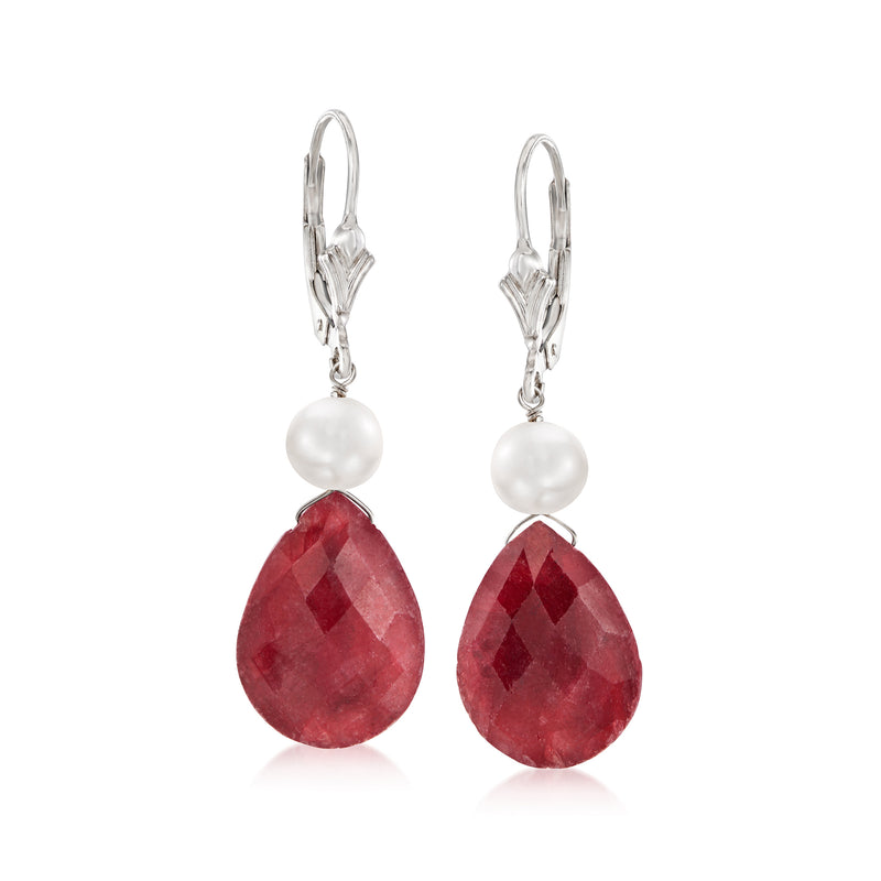 Sterling silver leverback drop earrings with red ruby teardrops and white pearl