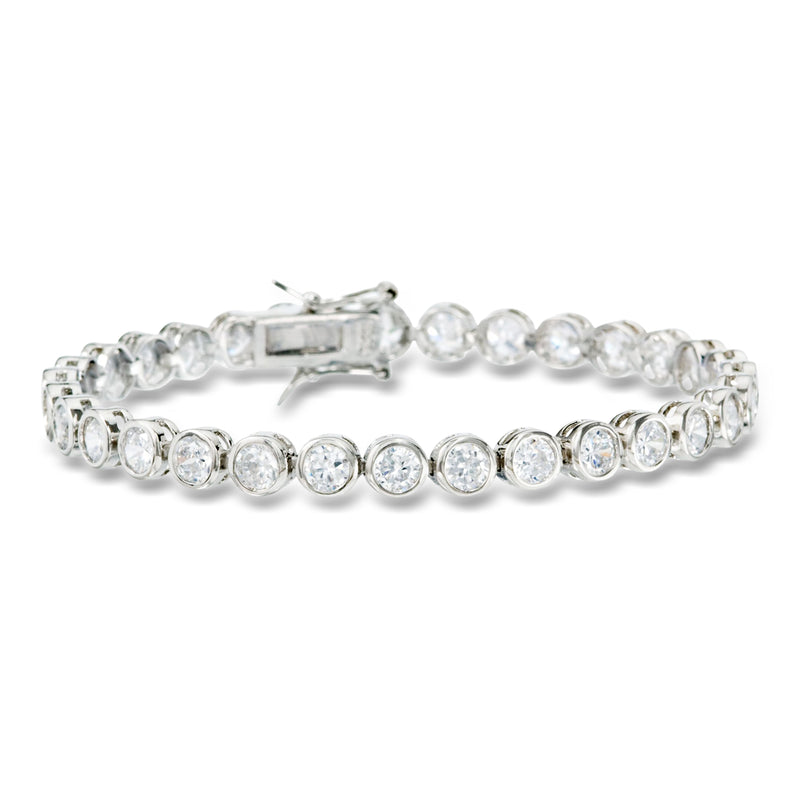 Sterling silver tennis bracelet with round CZ stones and box clasp.