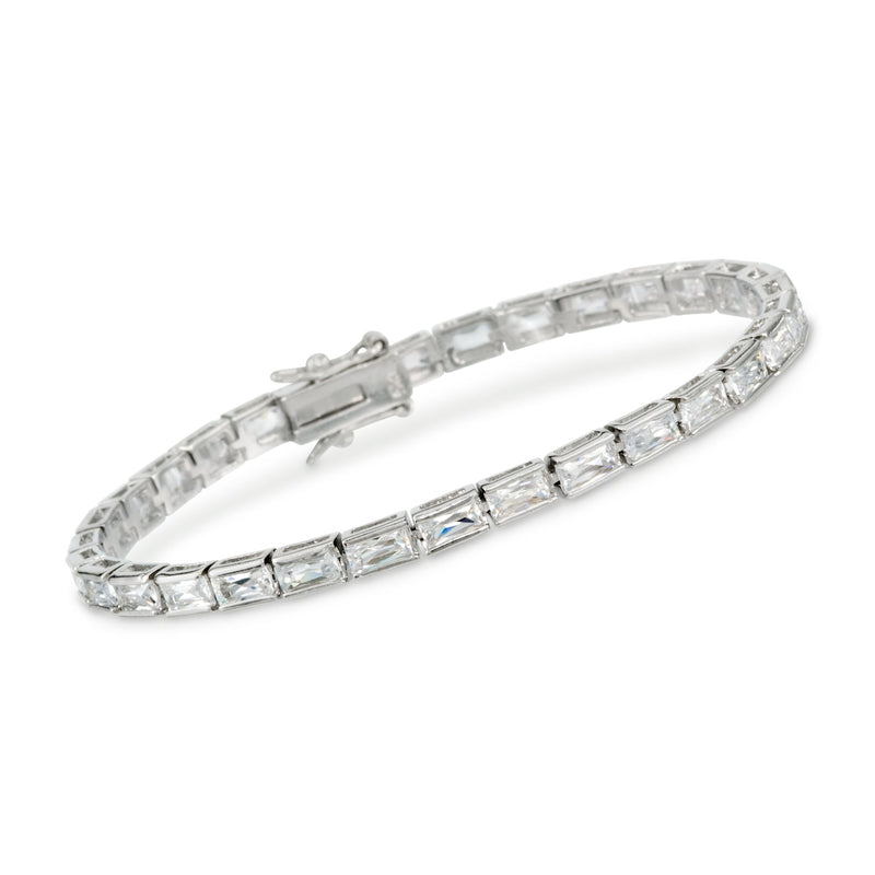 Sterling silver CZ tennis bracelet with clear baguette stones and hinged clasp