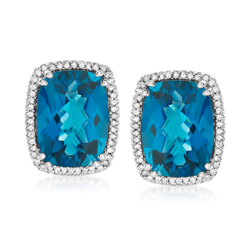 Cushion-cut blue topaz stud earrings with diamond halo, 14kt white gold