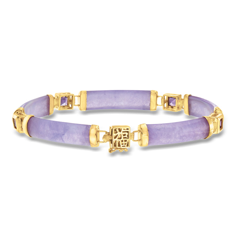 Lavender jade bracelet with gold stations and square amethyst accents, clasp and charm