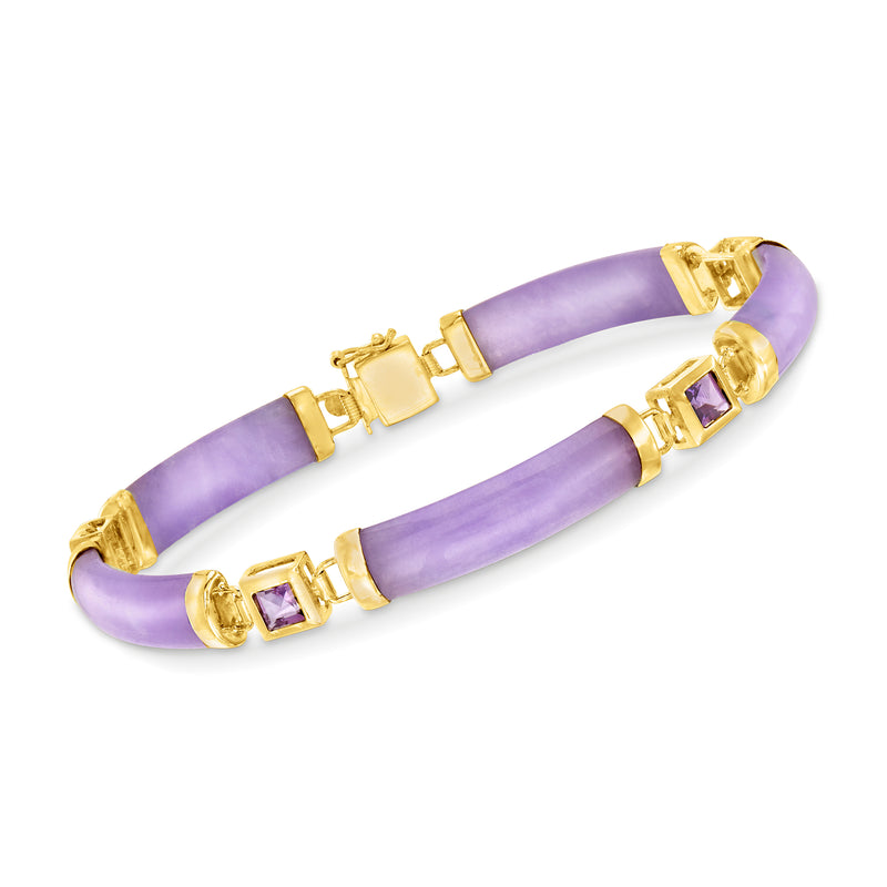 Lavender jade tennis-style bracelet with gold frames and purple square amethyst stones