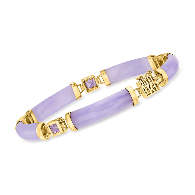 Lavender jade bracelet with gold-tone clasp, square amethyst stations, and fortune charm
