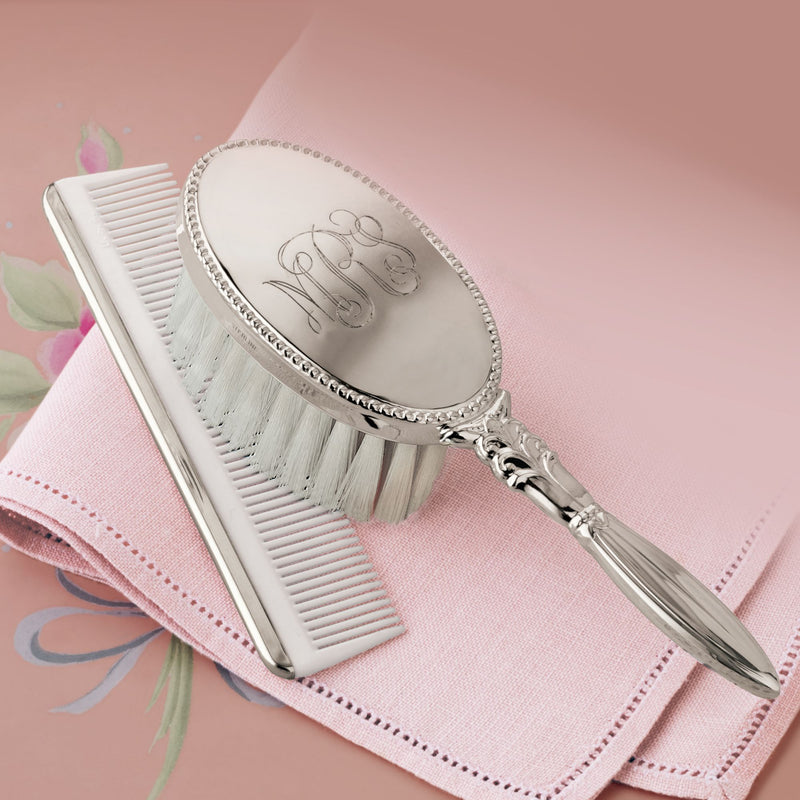 Personalized sterling silver child brush and comb set with oval monogram