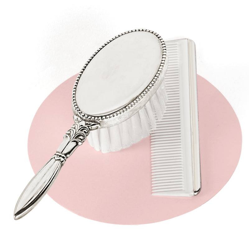Sterling silver child brush and comb set with plain oval plaque