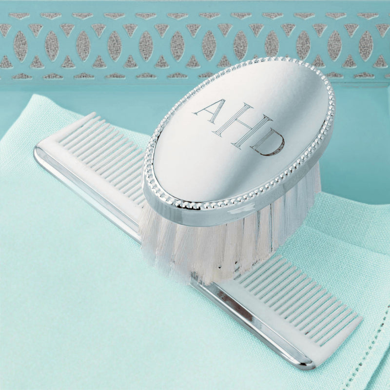 Personalized sterling silver brush and comb set with engraved initials and rhinestone trim