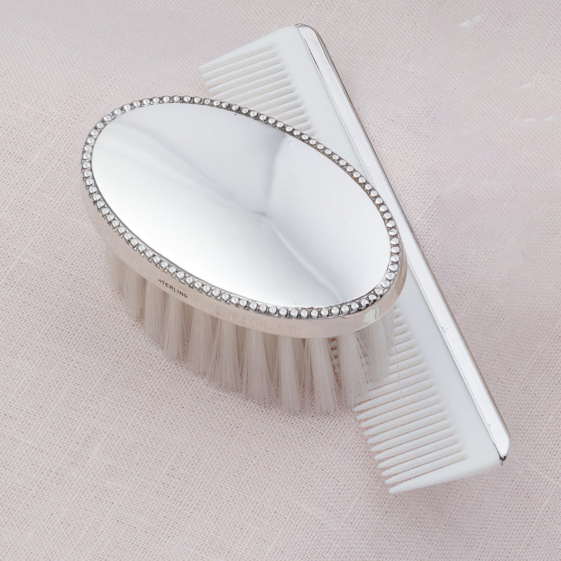 Sterling silver brush and comb set with blank oval top and rhinestone border