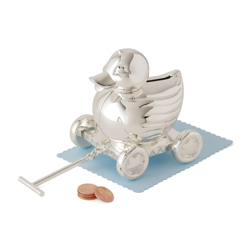 Reed & Barton silverplate rolling bank shaped like a duck with wheels and coin lever