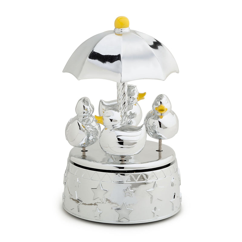 Reed & Barton musical carousel, silver duck figurines on star base with yellow finial