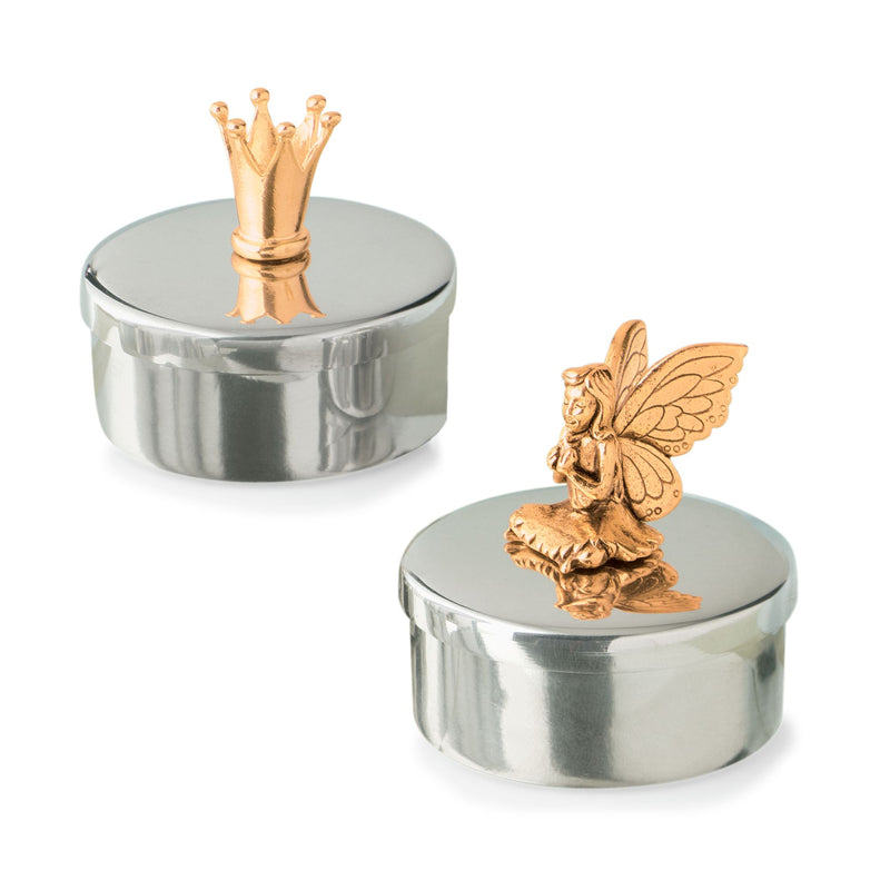 Two-tone round keepsake baby box, chrome silver with gold crown and fairy topper.