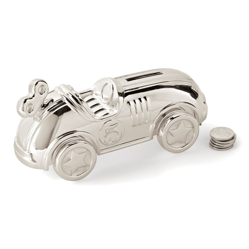 Reed & Barton silver race car bank with coin slot, chrome wheels