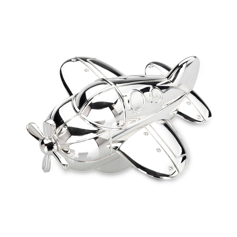 Silver chrome musical airplane ornament with propeller and spinning wheel detail