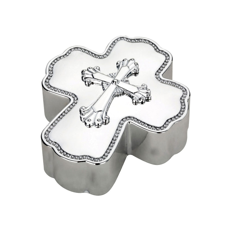 Silver plate cross music box with rhinestone border and cross emblem on hinged lid