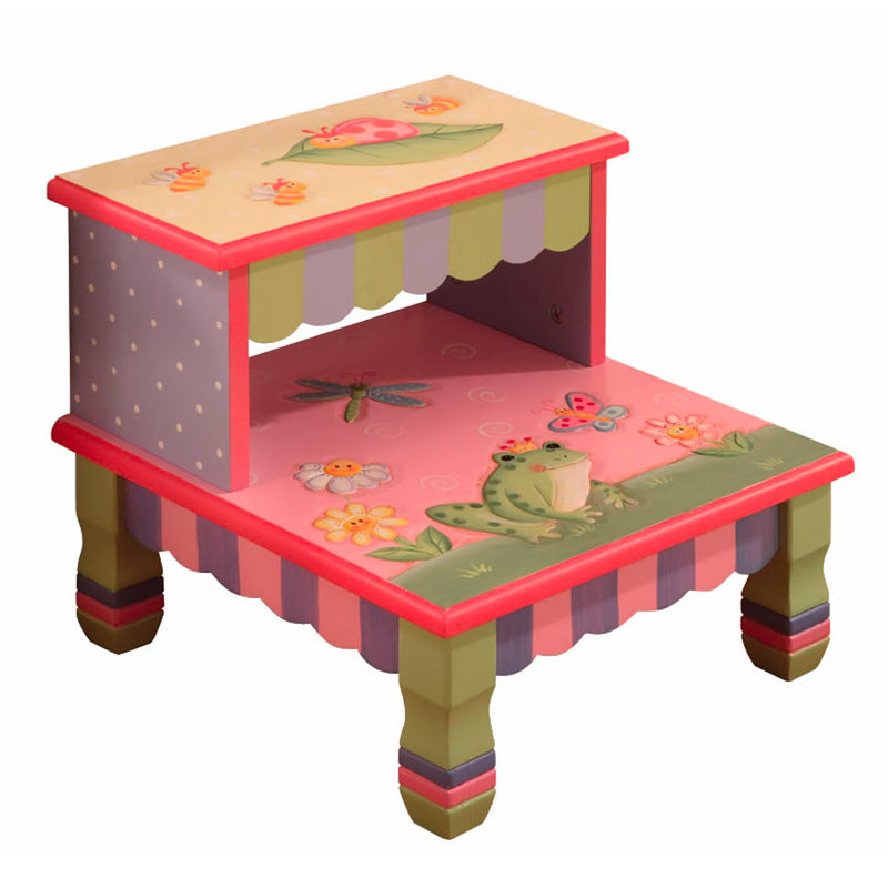 Child's magic garden footed step stool with two steps and red edges