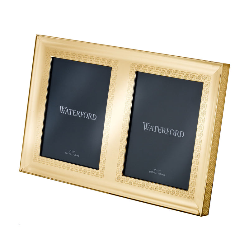 Waterford goldtone double photo frame with textured diamond border and two openings
