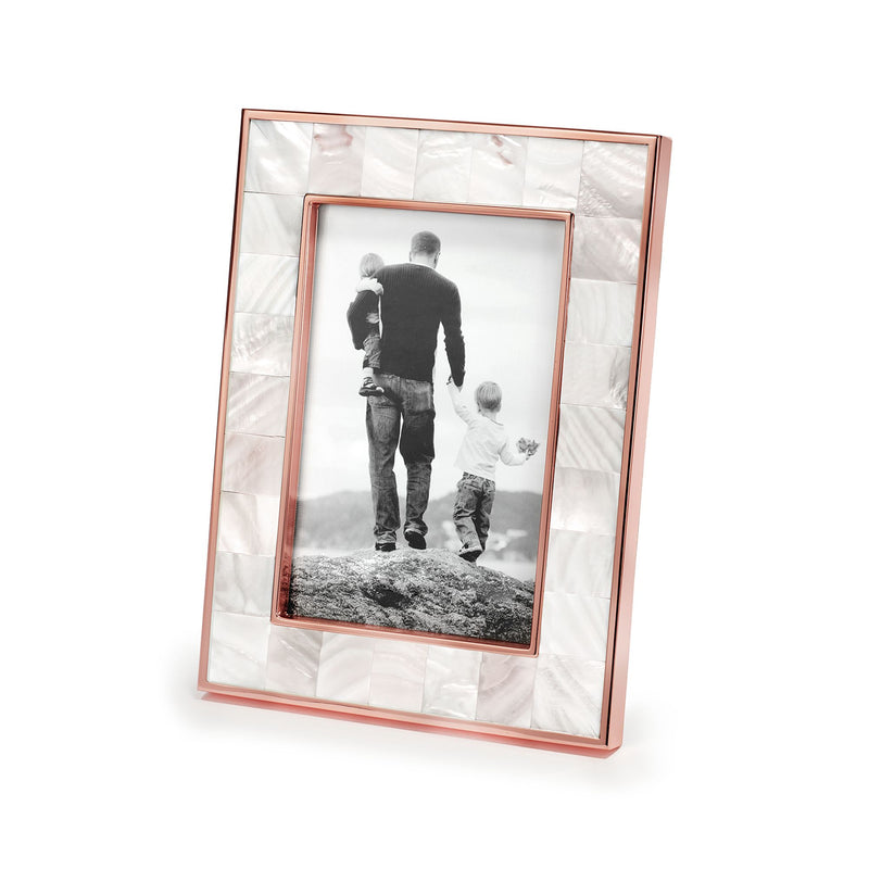 Rose gold plated photo frame with iridescent mother-of-pearl border