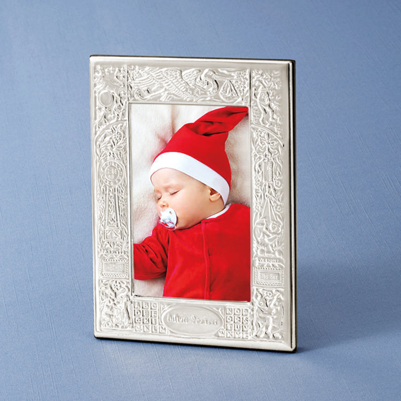 Sterling silver birth record picture frame with ornate scrollwork and baby photo insert