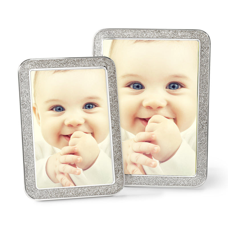 Crystal-studded silvertone picture frame set with rounded rectangular corners, two sizes