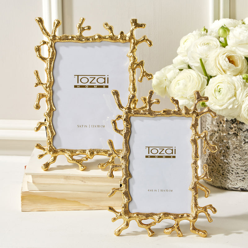 Set of two gold coral branch photo frames with white mat and Tozai Home logo