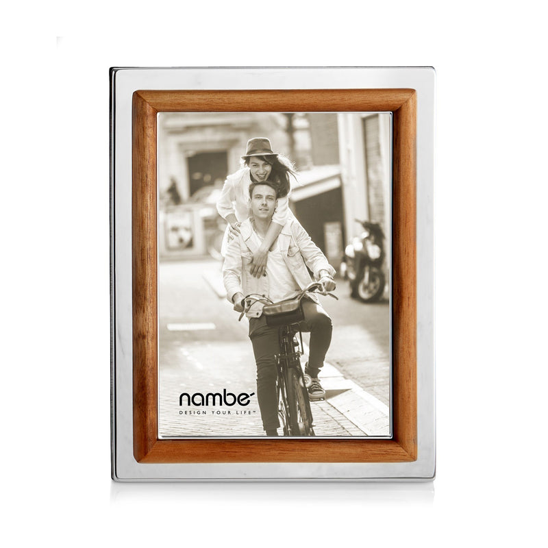 Nambe Hayden picture frame with silver plate and acacia wood trim, portrait view