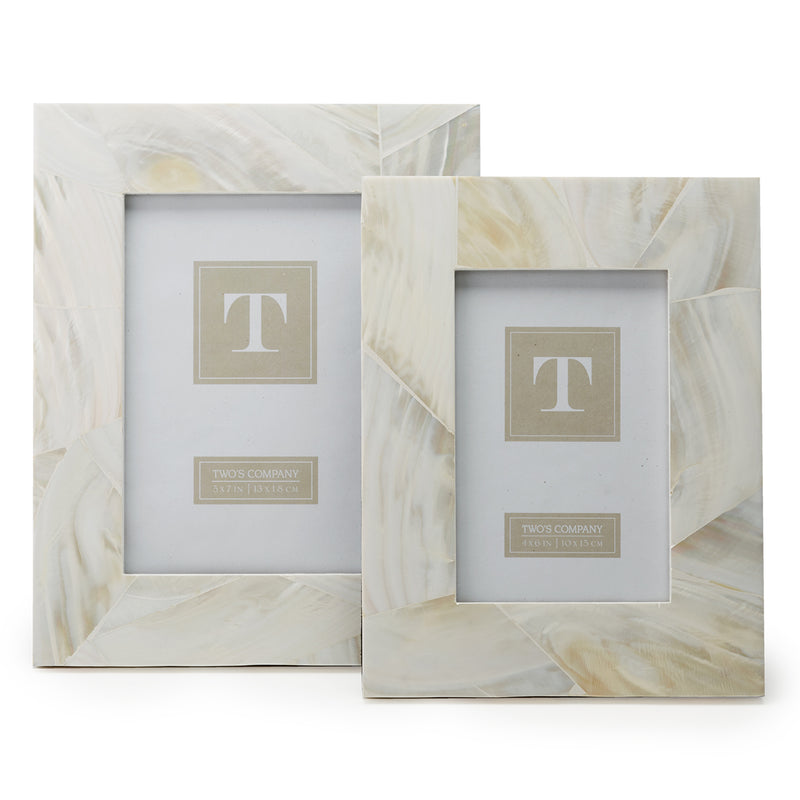 Set of two white mother-of-pearl photo frames with square opening and inner mat