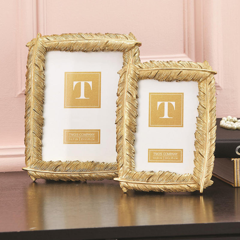 Set of two gold feather border picture frames with white mats and T monogram