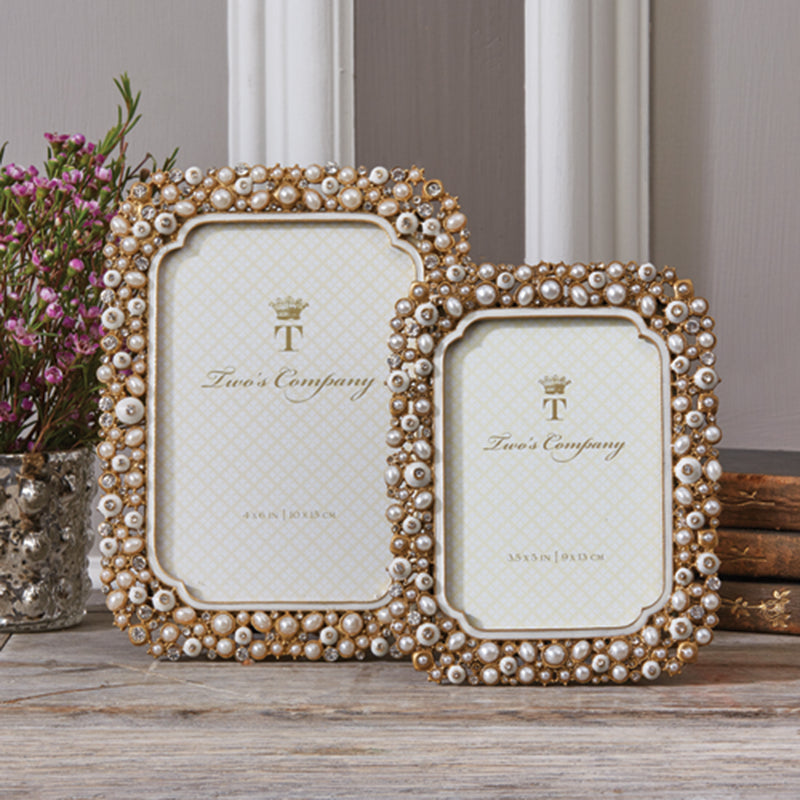 Set of two pearl bead photo frames, one rectangular and one square, gold-tone border