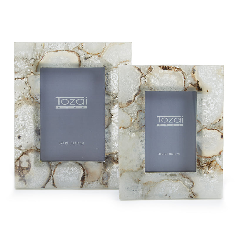 Set of two natural agate photo frames with Tozai branding, rectangular front views