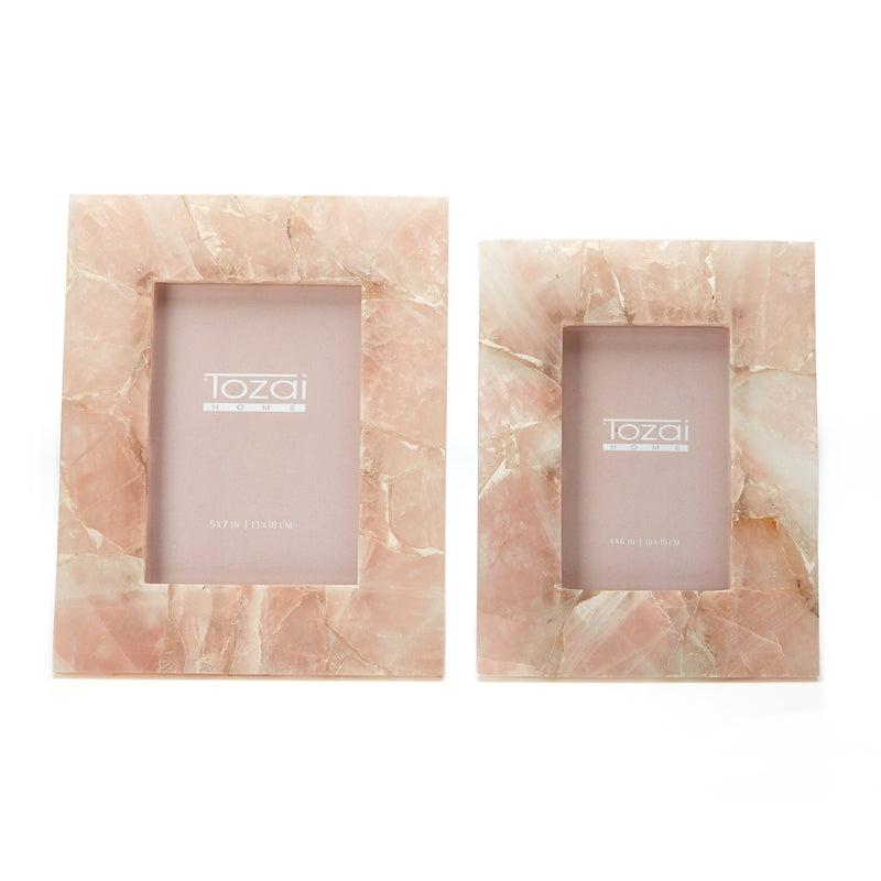 Pink quartz photo frame set of two, rectangular with glass, pink stone veining