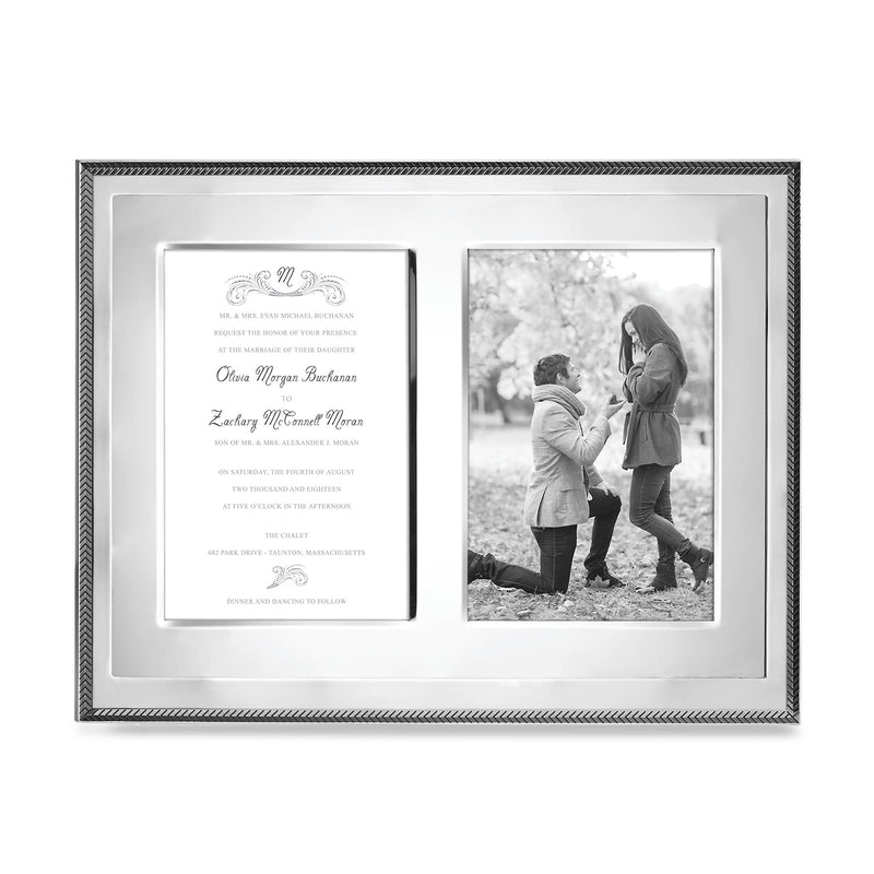 Reed & Barton Kenlie double 5x7 photo frame with two openings, textured metal-look border.