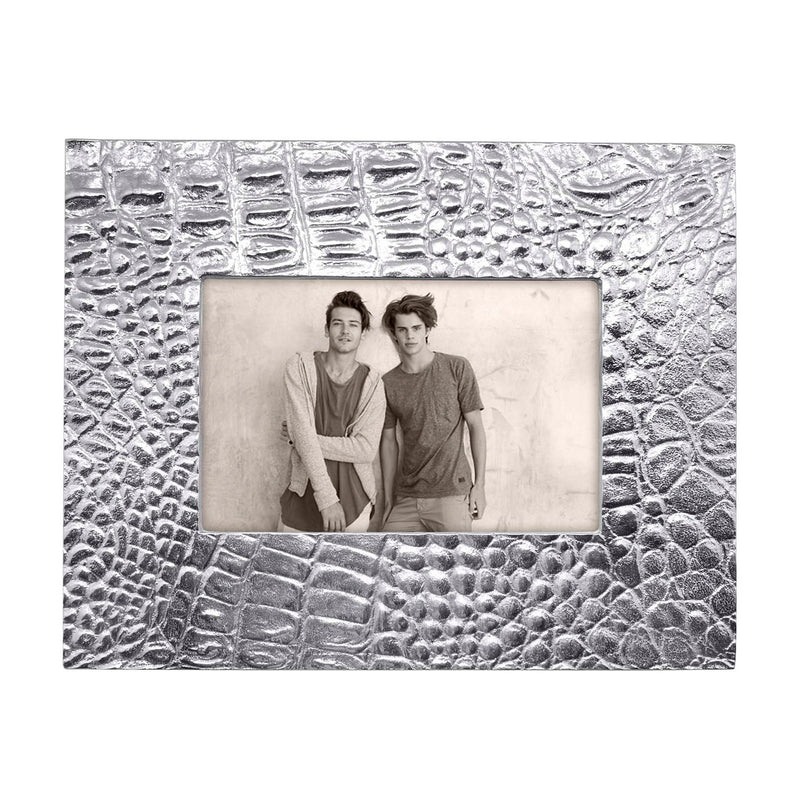 Mariposa Croc 4x6 photo frame, silver crocodile-embossed with opening for photo