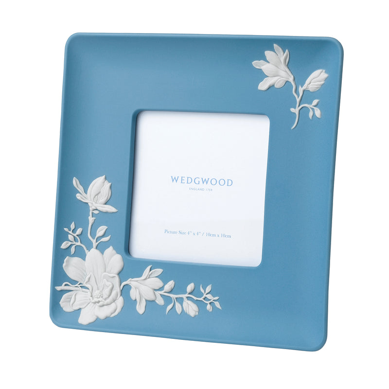 Wedgwood Magnolia Blossom 4x4 photo frame, blue with white floral relief