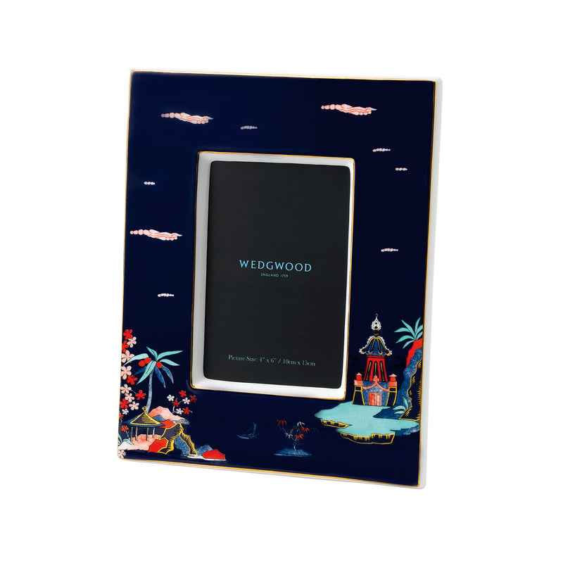 Wedgwood 4x6 frame with dark blue Wonderlust pagoda artwork and gold trim