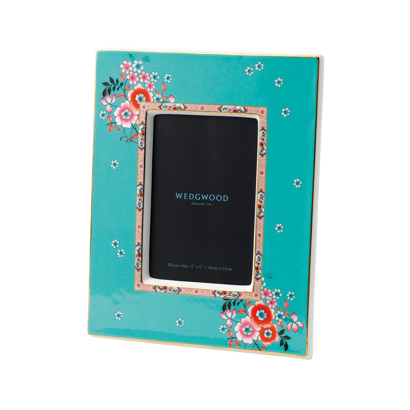 Wedgwood Wonderlust Camellia 4x6 picture frame with teal floral design and pink border