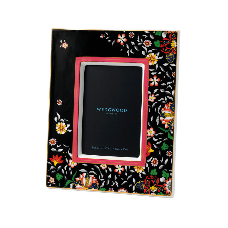 Wedgwood Wonderlust 4x6 picture frame with black floral Oriental design and pink inner border