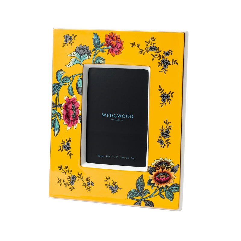 Wedgwood Wonderlust yellow Tonquin 4x6 photo frame, floral birds and blossoms, wide border