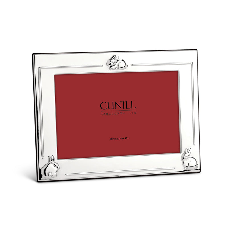 Sterling silver three-bunny picture frame with inset window and red mat